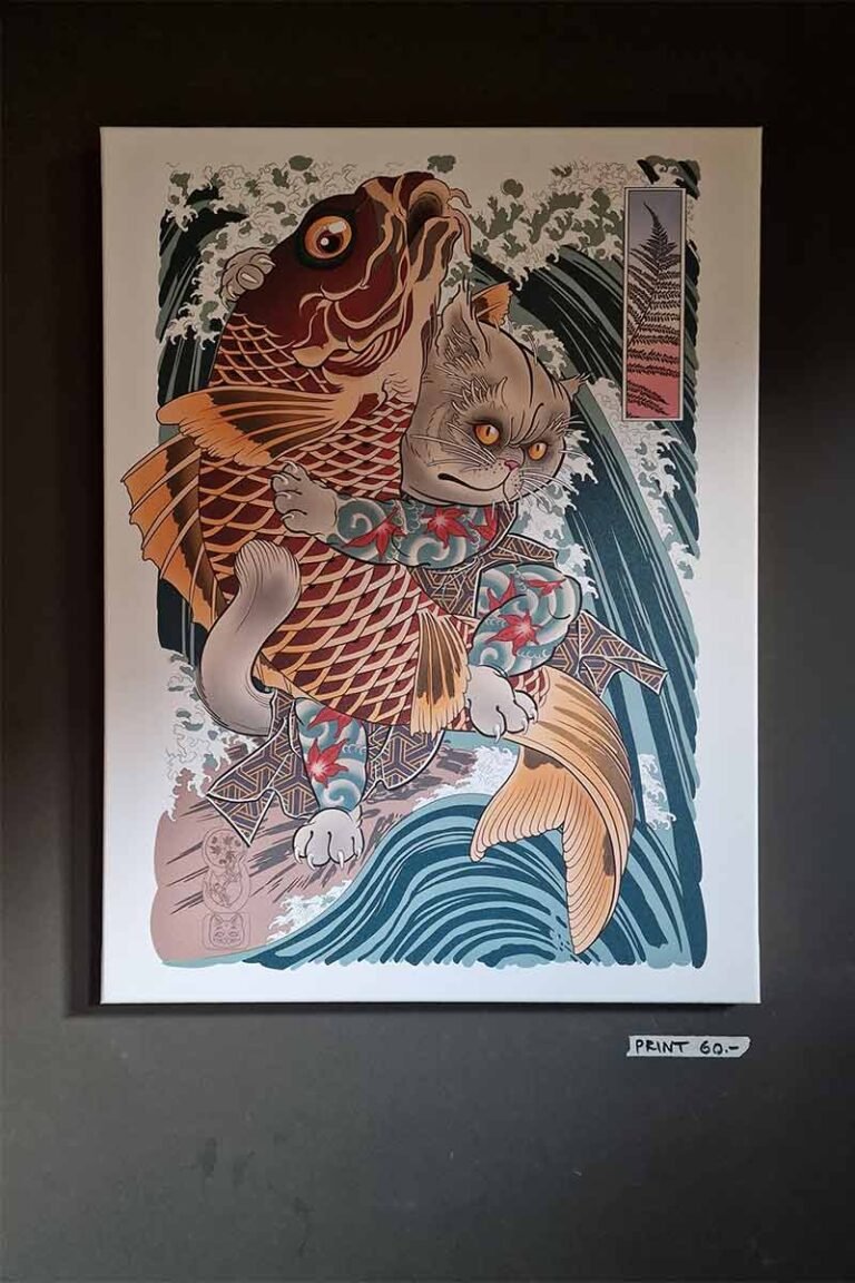 Kaspar Schumacher’s cat and koi fish artwork exhibited at Konomi Festival Basel.