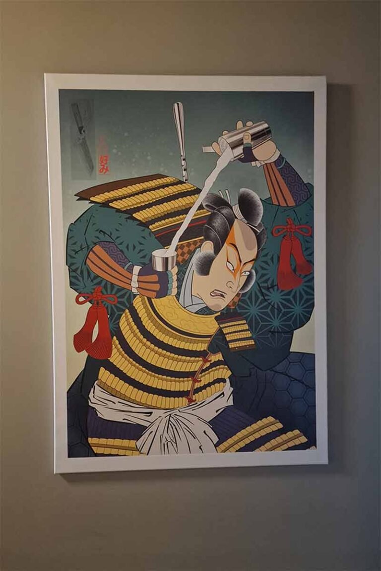 Artwork by Kaspar Schumacher exhibited at Konomi Festival Basel, featuring a samurai preparing a traditional Japanese drink.