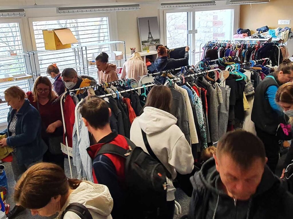 Turning campus space into a place for distributing clothing, diapers, and emergency supplies to families in need.